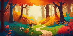 an artistic painting of a park bench in the middle of a forest with a trail through it,a drawing of a path through a colorful forest with trees