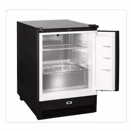 a refrigerator with the door open, on the floor