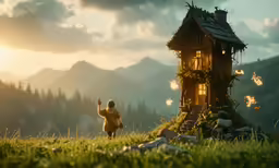 a person looking at a small wooden house