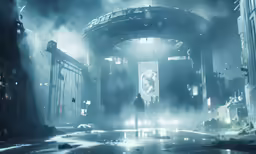 the futuristic city at night with a lot of light coming from the building