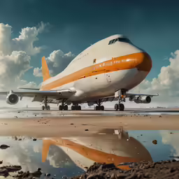 an airplane is parked on the water with clouds in the sky