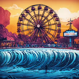 a ferris wheel next to a huge ocean,a man standing in front of a big wheel