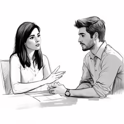 a sketch of a couple discussing something on the computer