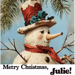 a photo of a merry christmas snowman with red hat and red ribbon