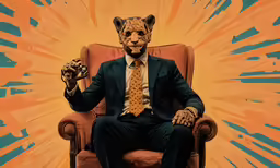a cat like animal wearing a suit and tie sits in a chair