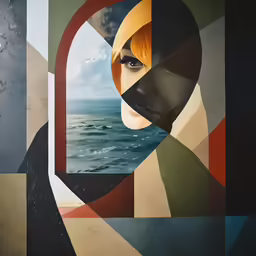 a close up of a person with various colors of art on a wall