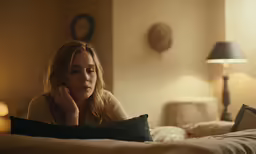 a woman sitting on the bed in front of her phone