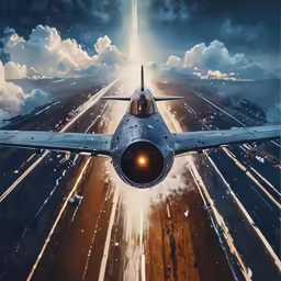 an airplane flying through the sky over the highway