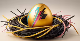 a black nest has a colorful striped easter egg in it