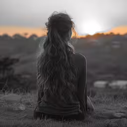 a young woman is sitting on the grass looking into the distance,a woman sitting in a field with the sun rising