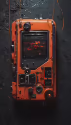 an orange and black digital device some wires and rain