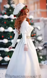 the redhead woman in the white dress is wearing a flower crown