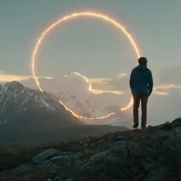 a man standing on top of a hillside with a huge circular ring