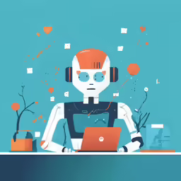 an animation of a man sitting in front of a laptop