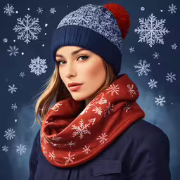 the woman is wearing a red scarf and blue hat,a young woman wearing a blue hat and scarf and mittens