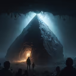 a group of people standing in a cave