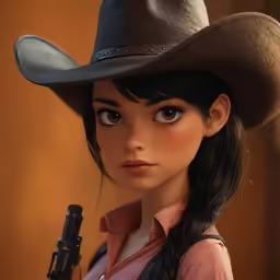 a cartoon style girl wearing a cowboy hat with a gun