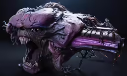 a weird looking figure holding up a purple object