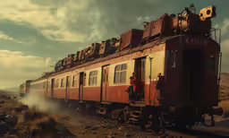 an old rusted train with people on the top