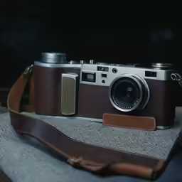 a leather camera case sitting on a bag
