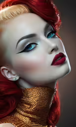 a woman with red hair and makeup looking into the distance