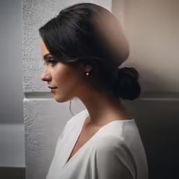 a woman with her hair pinned back in a high bun