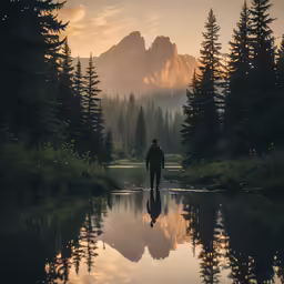 a man is standing at a mountain lake during sunset