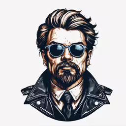 the man in black sunglasses is wearing black leather,the man with sunglasses and a beard wearing a leather jacket
