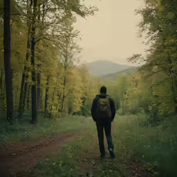 a man is walking down the road with his backpack on