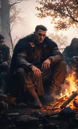 a man is sitting at a fire in a dark forest