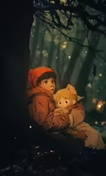 two children sitting next to each other on a tree