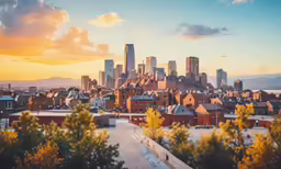 an aerial view of a city at sunset