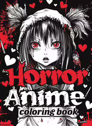 an anime poster with blood pouring in the background,the cover to a book with a girl in red eyes