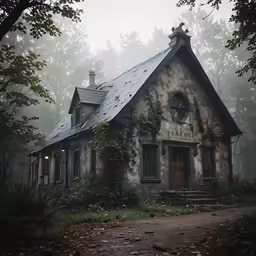 an old run down church with ivy on the outside and a door and windows