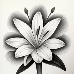 a white flower with black leaves on it,a black and white drawing of a flower