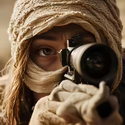 a man with a blind folded around his face with a gun