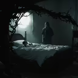 a woman in a dark room standing in the bed