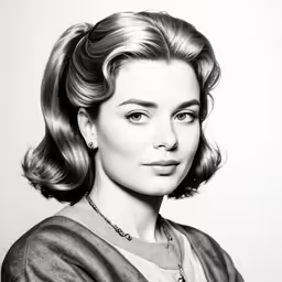 an art work with black and white image of a woman wearing a necklace