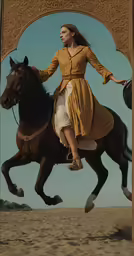 a woman riding on top of a brown horse