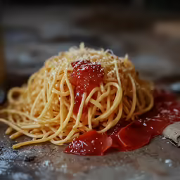a messy plate with spaghetti and ketchup