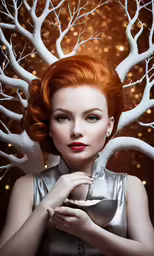 a woman with red hair is holding a piece of food