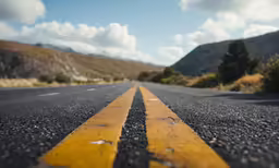 the yellow line of a long road looks straight ahead