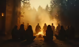 a group of people sitting around a fire