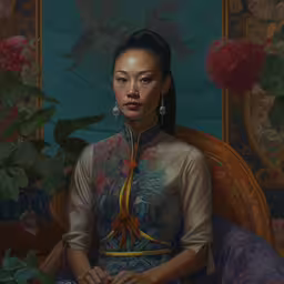 a painting of a young girl in oriental garb,a painting of a beautiful woman in blue and orange sitting down