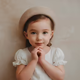 the young child wears a white dress and a tan hat