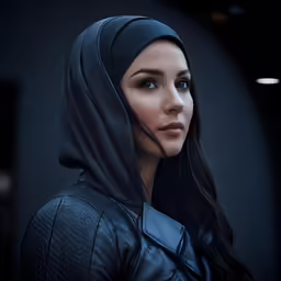 a woman is standing near a wall with hood up