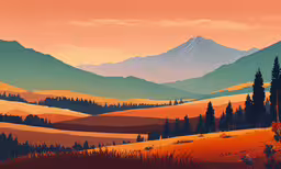 a beautiful sunset painting of mountain vista,the mountains are in the distance from a yellow meadow