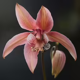 pink flower with two long leaves next to black background