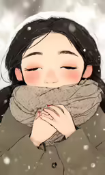 a woman with black hair is bundled up in a scarf