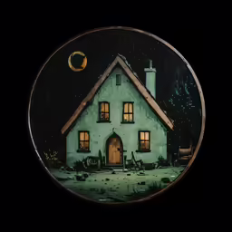 a plate with a painting of a house in the middle of the frame